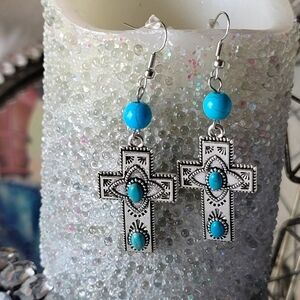 Silver and Turquoise Cross Earrings
